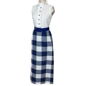vtg JERRIE LURIE sz 8 Dress Maxi Sleeveless Front Ruffle Belted White Blue